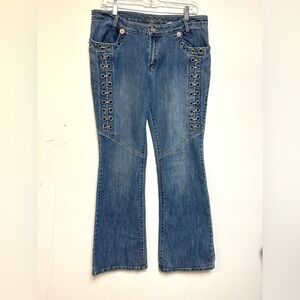 J-SECRET Y2K 80’s street baggy vintage Flare leg Blue jeans Metal front size XL